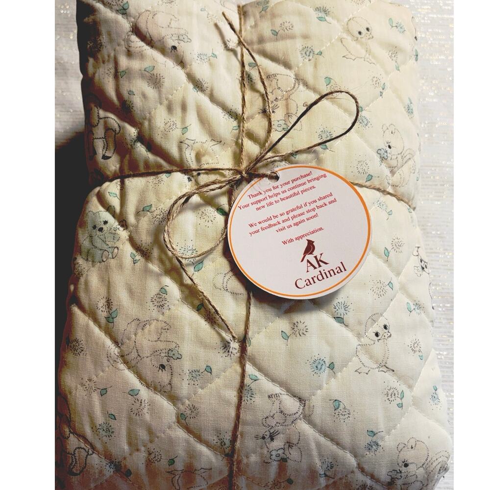 Vintage Handmade Quilted Baby Blanket Pastel Yellow Teddy Bear Poodle Flowers